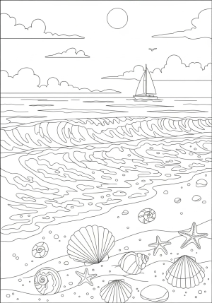 A detailed scene of a sandy beach with gentle waves, seashells scattered along the shore, and a distant sailboat on the horizon