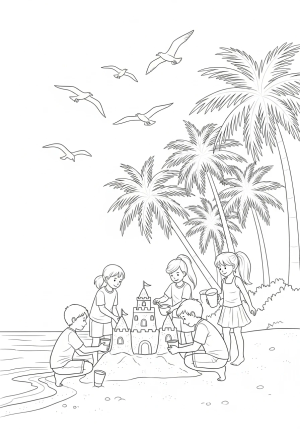 An energetic group of children building a sandcastle near the water's edge, with seagulls flying overhead and palm trees in the background