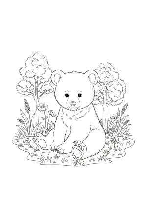 A cute bear cub sitting on a patch of grass surrounded by wildflowers and trees.