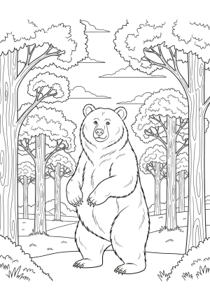 A big friendly bear standing on its hind legs in a forest clearing, with tall trees and a clear sky in the background.