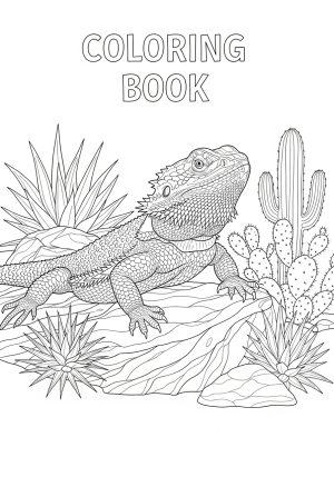 A highly detailed bearded dragon basking on a textured rock, surrounded by desert plants and cacti, with intricate scales and spiky details