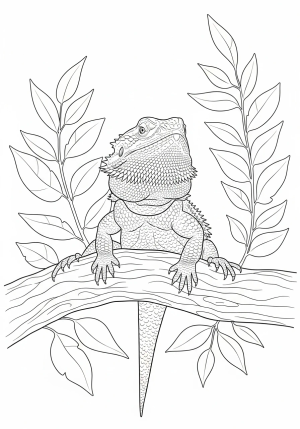A friendly-looking bearded dragon sitting on a branch with leafy foliage around it, showcasing its distinctive beard and textured skin