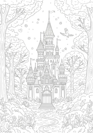 An ornate, vintage-inspired castle surrounded by a magical forest filled with whimsical trees, delicate vines, and enchanting creatures