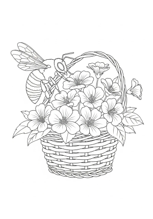 A friendly bee flying around a basket of blooming flowers with detailed wings and a striped abdomen