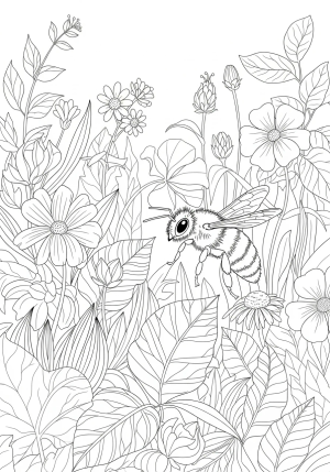 A curious bee exploring a sunny garden filled with various plants, leaves, and intricate floral patterns