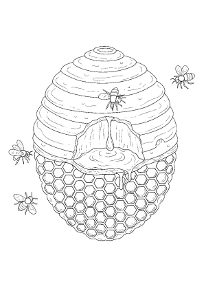 A cross-section of a beehive revealing honeycomb cells filled with honey and bees buzzing nearby.
