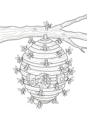 A detailed beehive hanging from a tree branch with attentive bees buzzing around it.