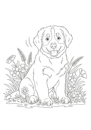 A playful Bernese Mountain Dog puppy sitting happily with a wagging tail in a lush meadow surrounded by flowers