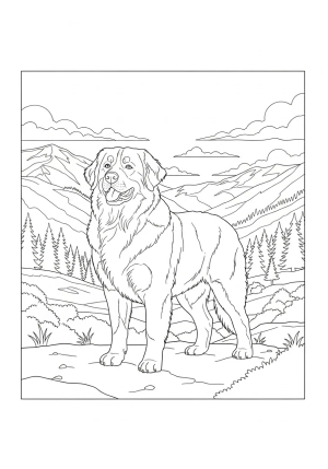 A majestic Bernese Mountain Dog standing proudly on a mountain trail with a scenic landscape in the background