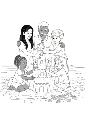 A group of diverse friends building a tall sandcastle together on the beach, with seashells and waves nearby