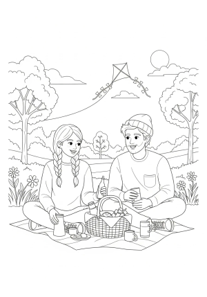 Two cheerful friends sharing a picnic in a sunny park filled with trees, flowers, and a kite flying in the background