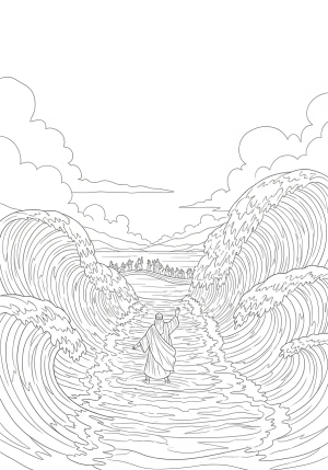 A majestic depiction of Moses parting the Red Sea, with towering waves on either side and figures crossing in the distance, emphasizing drama and movement.