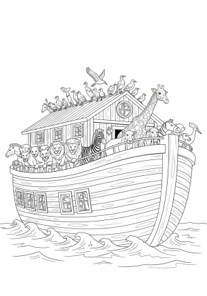 An intricate illustration of Noah's Ark with animals happily gathered on the deck amidst gentle waves, featuring detailed textures and a balanced scene.