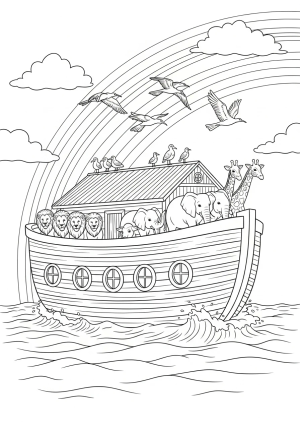An intricate illustration of Noah's Ark sailing on the water with animals lining the decks, under a rainbow sky