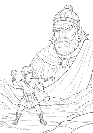 A detailed scene of David slinging a stone towards Goliath, with a focus on the expressions and surrounding landscape