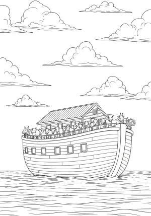 A detailed scene of Noah's Ark floating on water with animals on deck, surrounded by a calm sea and fluffy clouds in the sky.