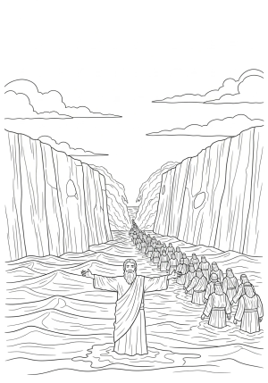 Moses parting the Red Sea with tall walls of water on either side, while the Israelites walk through the safe passage beneath a clear sky.