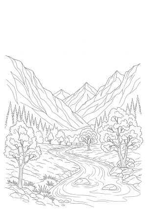 A serene landscape with a gentle flowing river surrounded by trees and mountains in the background, evoking peace and divine creation