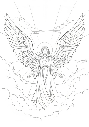 A majestic angel with outstretched wings standing amidst delicate clouds and celestial light, conveying heavenly grace and protection