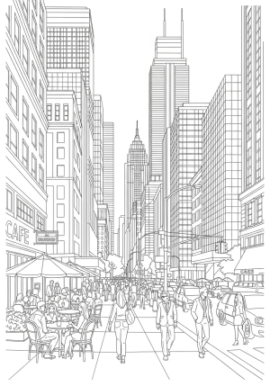 A bustling city street scene with tall skyscrapers, busy pedestrians, and cafes lining the sidewalk