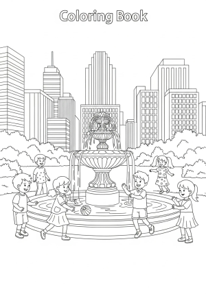 A vibrant city park in the heart of downtown, featuring a fountain, children playing, and city buildings in the background