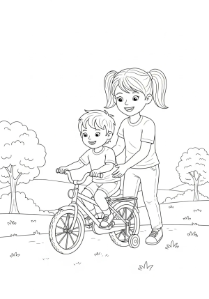 Big sister helping her little sibling learn to ride a bicycle, with a big smile and a supportive stance