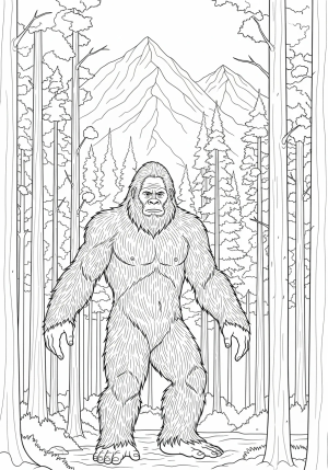A tall, furry Bigfoot with long arms standing amidst dense forest trees with mountains in the background