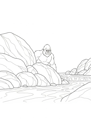Bigfoot emerging from behind a cluster of large rocks near a bubbling forest stream