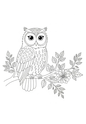 A graceful owl perched on a branch surrounded by detailed leaves and flowers