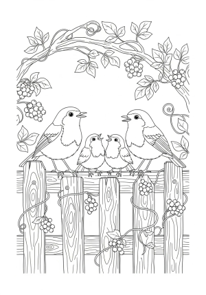 A playful family of robins sitting on a rustic garden fence with intricate vines and berries