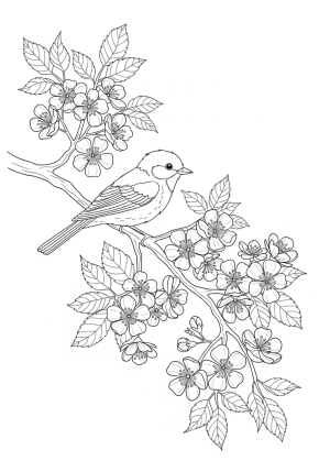 A charming scene of a small bird perched on a flowering tree branch surrounded by leaves and blossoms
