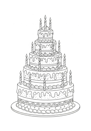 A fancy birthday cake with multiple layers, decorated with candles and intricate icing designs.