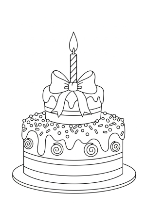 A whimsical birthday cake with playful swirls, sprinkles, and a large bow on top.