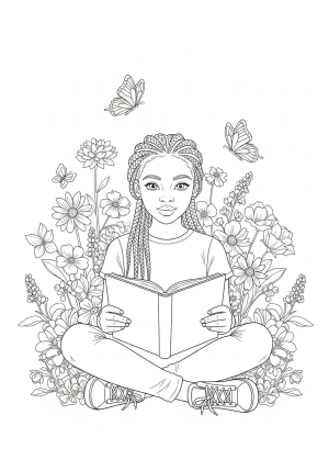 A confident Black girl with braided hair sitting cross-legged on the ground, surrounded by blooming flowers and butterflies, holding a book in her lap