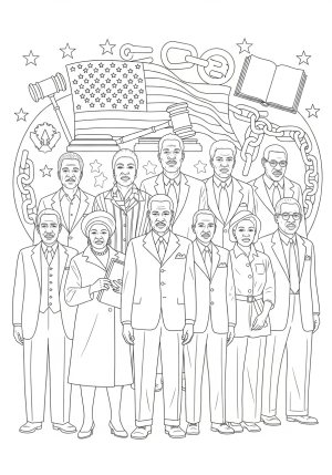 A powerful scene of a diverse group of historically significant African American leaders and activists standing together with symbols of freedom and equality in the background