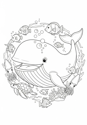 A whimsical scene of a smiling whale surrounded by bubbles and sea creatures underwater