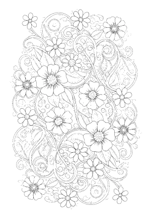 A detailed intricate pattern of various blue flowers and swirling vines intertwined in a harmonious design