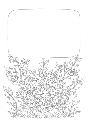 A whimsical scene of blueberries growing on a bush, with surrounding foliage and open space for coloring