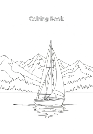 A detailed scene of a small sailboat with billowing sails gliding across a calm lake surrounded by trees and mountains