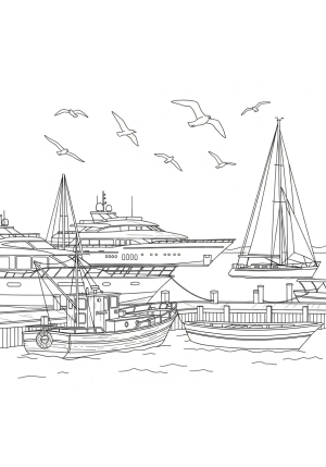 A lively harbor scene featuring a variety of boats including a fishing boat, a yacht, and a sailboat docked along a pier with seagulls flying overhead