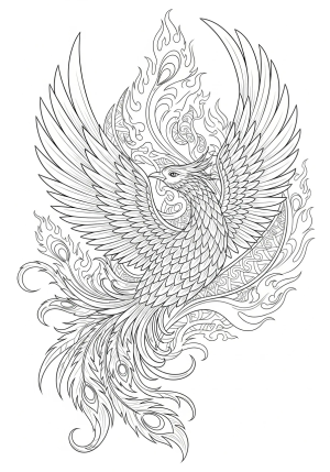An elaborate, swirling phoenix with outstretched wings soaring amidst stylized flames and decorative elements