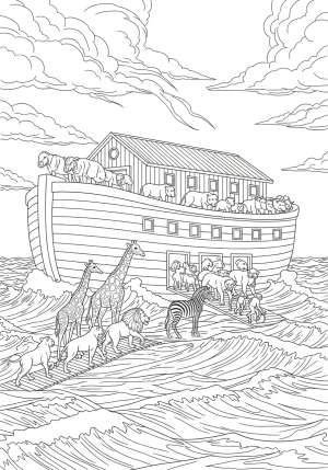 A detailed scene of Noah's Ark with animals boarding two by two on a vast, stormy sea.