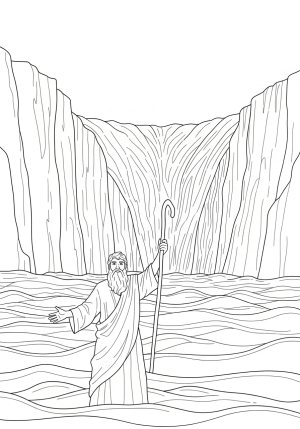 The vibrant parting of the Red Sea with Moses holding his staff and walls of water on either side.