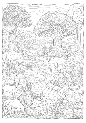 An intricate scene depicting the lush gardens and the river flowing through the Garden of Eden, with detailed trees, animals, and serene landscape elements