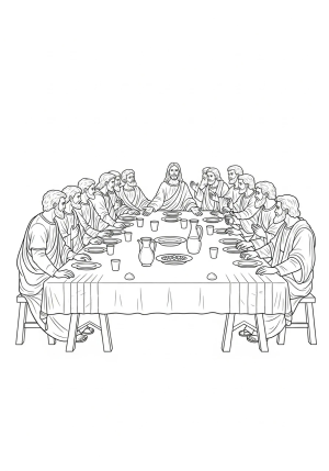 A majestic depiction of the Last Supper table setting with detailed plates, cups, and figures gathered around, capturing an intimate and historical moment