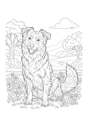 A detailed illustration of a playful border collie with a wagging tail, sitting in a grassy field surrounded by flowers and trees.