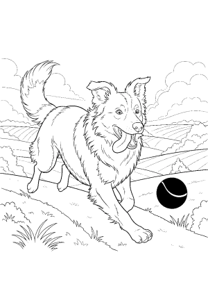 A lively border collie in mid-run across a countryside landscape, with its tongue out and ears flapping as it chases a ball.