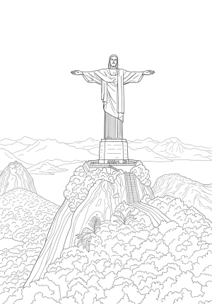 A detailed illustration of the iconic Christ the Redeemer statue atop Corcovado Mountain with lush rainforest surroundings