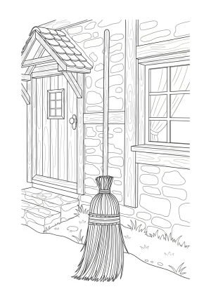 A detailed illustration of a classic broom with a bristled end and a long handle leaning against a cozy cottage wall
