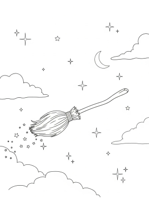 A whimsical scene featuring a broom flying through a starry night sky with sparkles and moonlight surrounding it